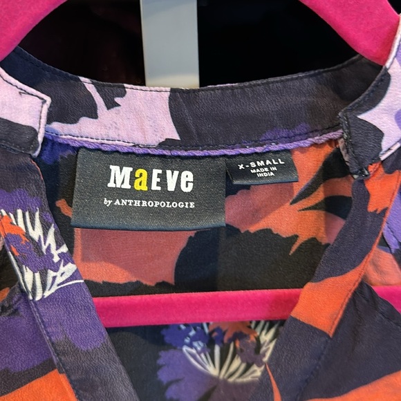 Maeve 100% silk orange/purple floral print long sleeve front cut out v neck XS - Picture 2 of 3